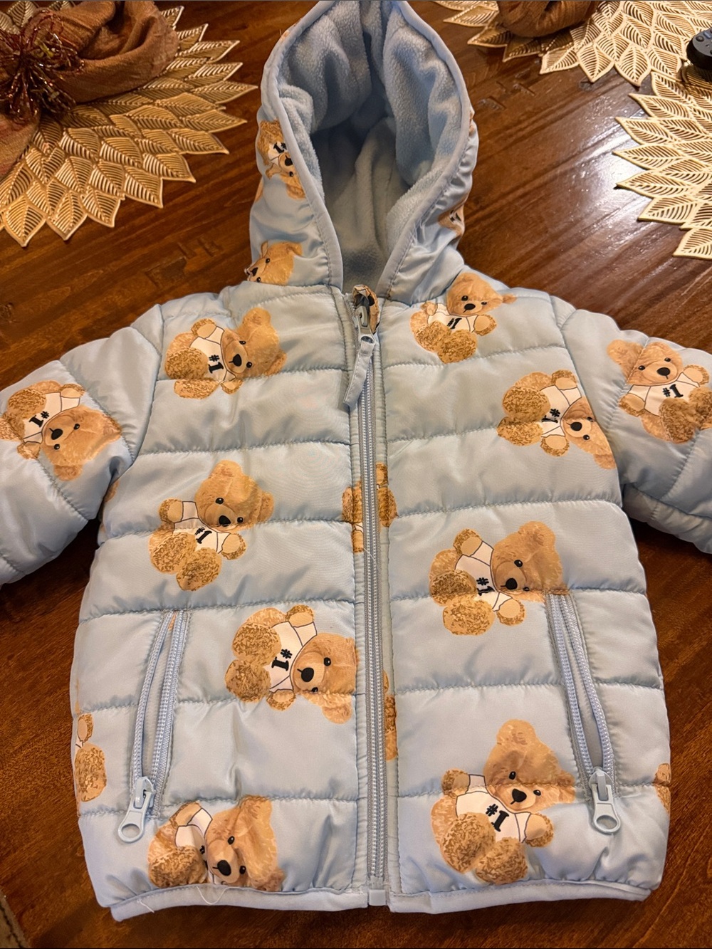 Little Beginnings Light Blue Teddy-Print Baby Puffer Jacket